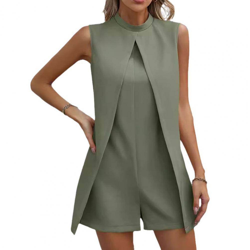 

Женский летний комбинезон с воротником-стойкой, без рукавов, свободный, с разрезом, нерегулярный, однотонный, деловой, деловой, короткий комбинезон XXXL зелёный