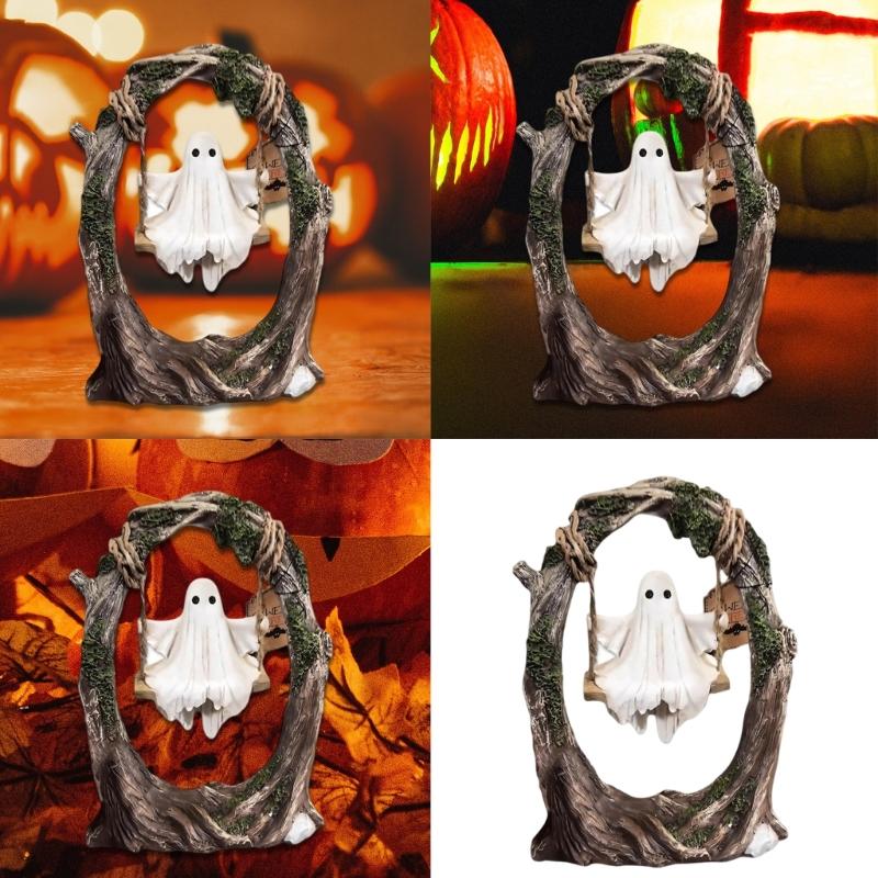 Ghosty on a Tree Swing Resin Ghosty Figurines Garden Decors Halloween Decorations for Desktop Bookshelf Garden Lawn