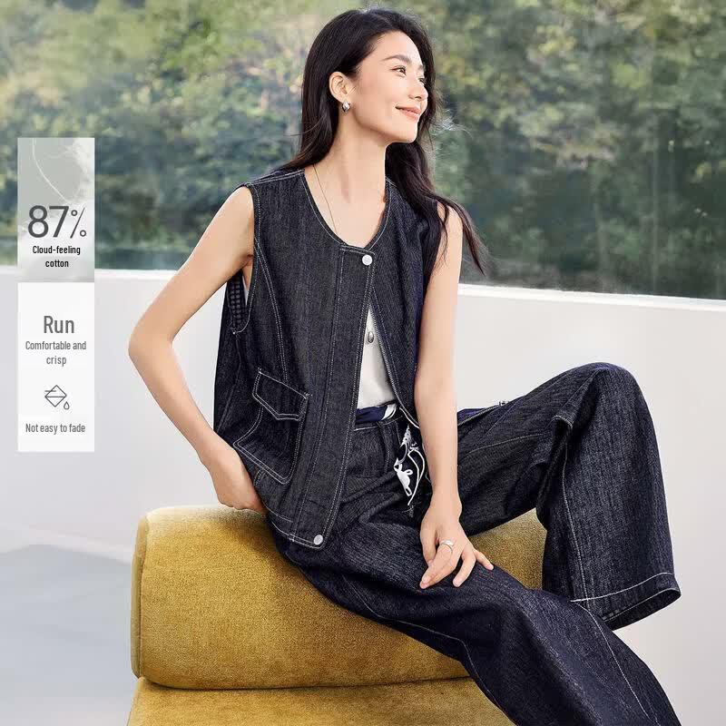 IHIMI Women s Relaxed Fit Denim Vest & Straight-Leg Pants Set S