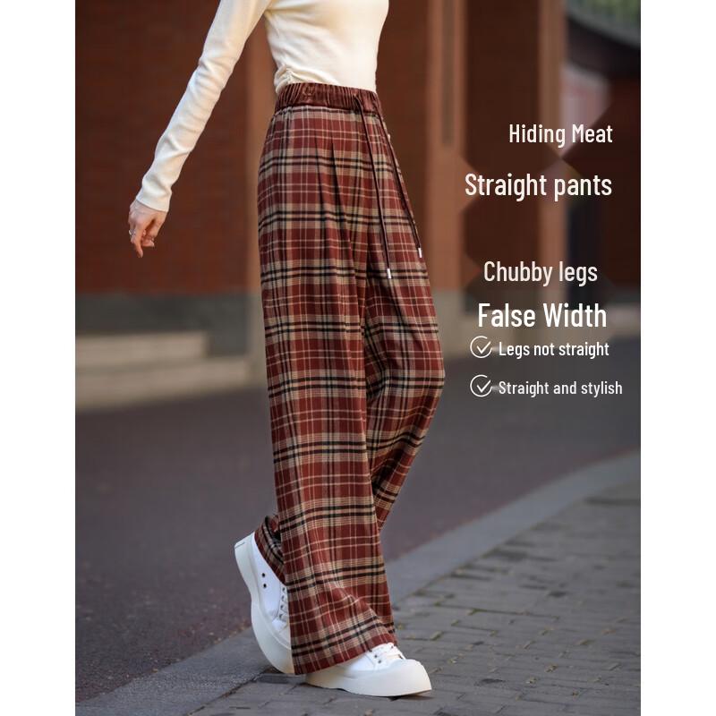 Demana Smart Plaid Drawstring Velvet High-Waist Straight Casual Pants