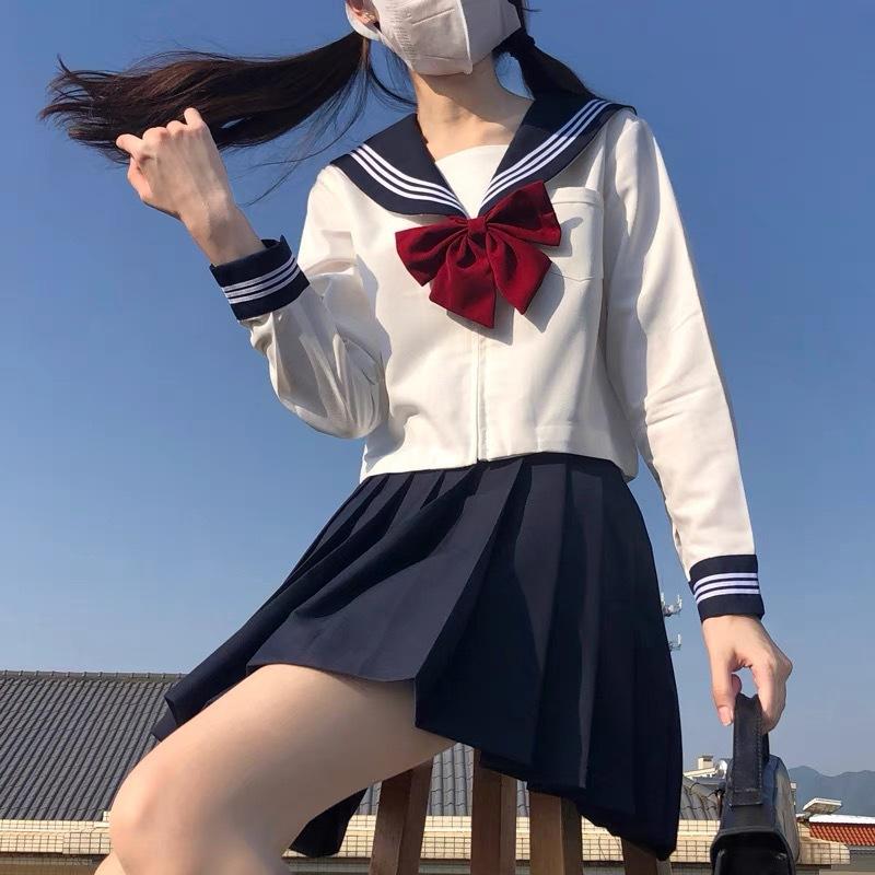 Japanese School Uniform Girl Jk Suit Sexy Spring and Autumn Red Tie White Three Basic Sailor Uniform Women Long Sleeve Suit