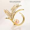Elegant Copper Inlaid Zirconia Leaf Brooch with Freshwater Pearl