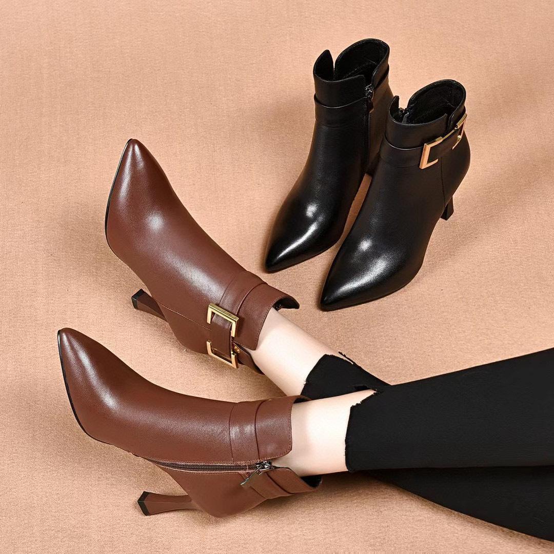 

Модные ботильоны-стилетто с острым носком, женские персонализированные ботильоны на высоком каблуке с пряжкой-ремнем, ботильоны из коровьей кожи высшего слоя 39
