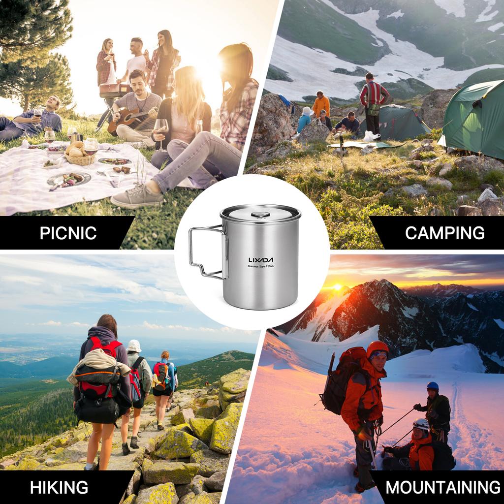 Lixada 750ml Cup Outdoor Stainless Steel  Cup Mug with Foldable Handles and Lid for Camping Hiking Backpacking camping pot