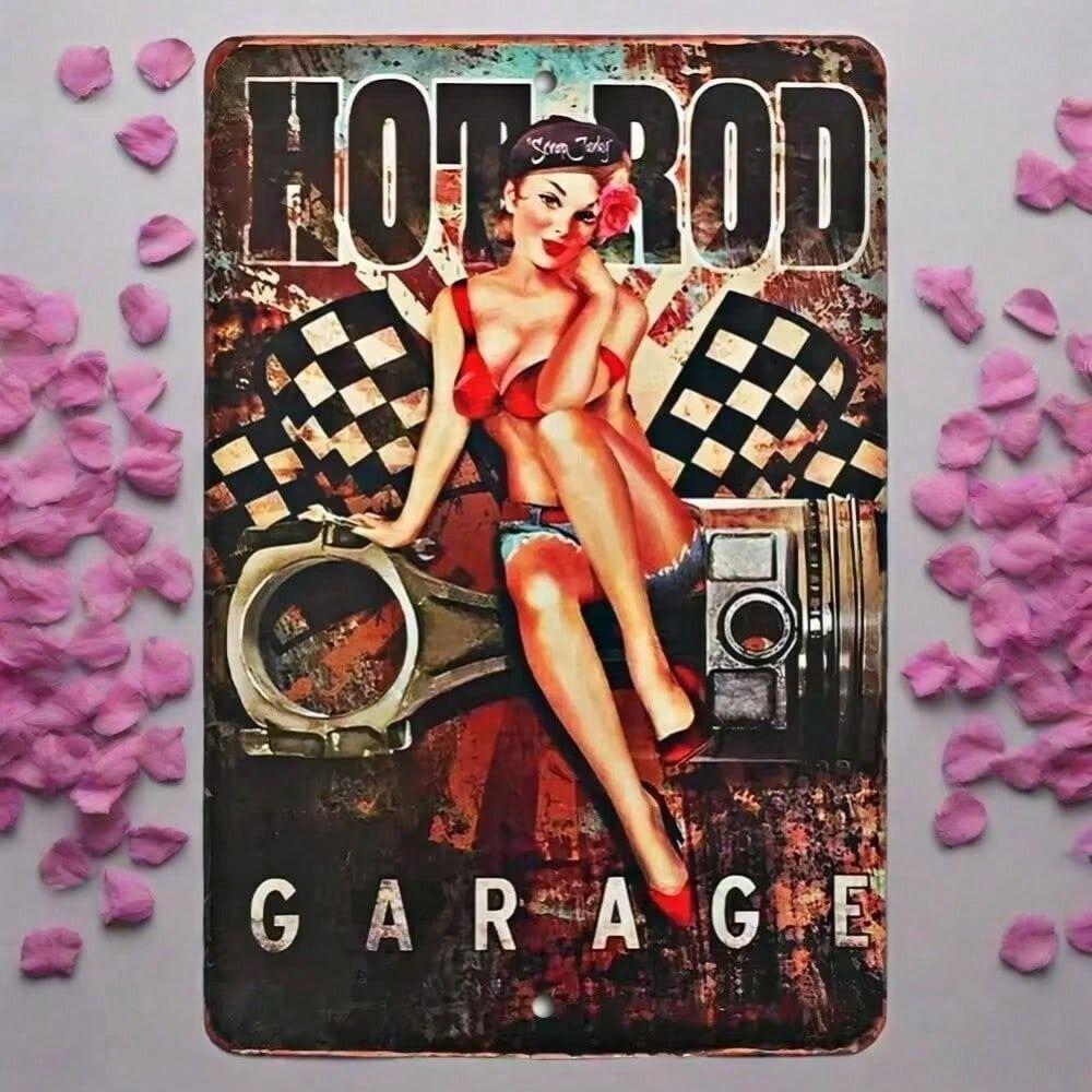 Vintage Pin Up Girl Metal Sign, Retro Race Car Wall Decor for Garage Man Cave