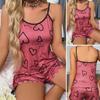 2 Pcs/Set Women O Neck Sleeveless Top Elastic Heart Print Strappy Pajamas Set High Waist Shirring