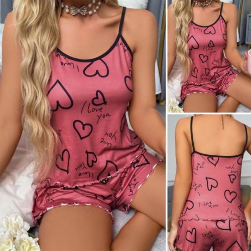 2 Pcs/Set Women O Neck Sleeveless Top Elastic Heart Print Strappy Pajamas Set High Waist Shirring