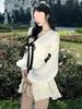 French Elegant High-end Bow V-neck Pleated Slim-fit White Dress for Women - Autumn Style