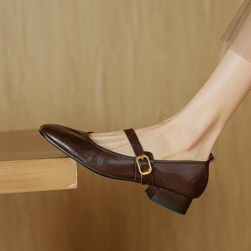 Fashion NEW Spring/Autumn Women Pumps Genuine Leather Shoes for Women Round Toe Chunky Heel Shoes Concise Metal Buckle Mary Jane Shoes