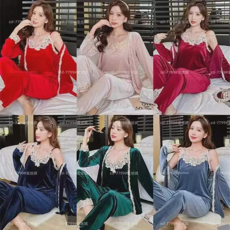 Korean Velvet Lace Pajama Set: Winter 3-Piece Women's Sling Suit