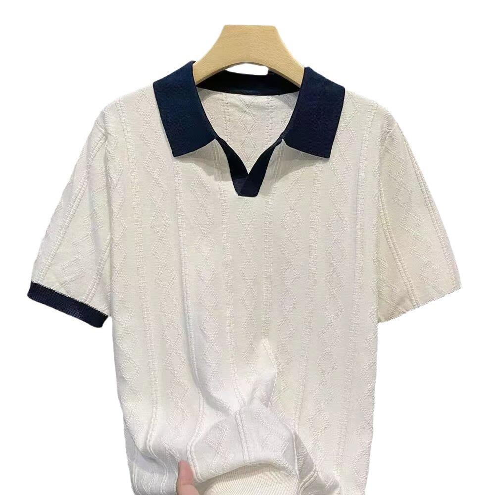 Men's Summer Knitted Slim Fit Polo Shirt - Korean Style, Short-Sleeve, Pure Color, Ice Silk with Casual Lapel