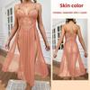 Large Size Sexy Mesh Deep V Lace Pajamas Side Split Suspender Skirt Extended Loungewear Nightdress