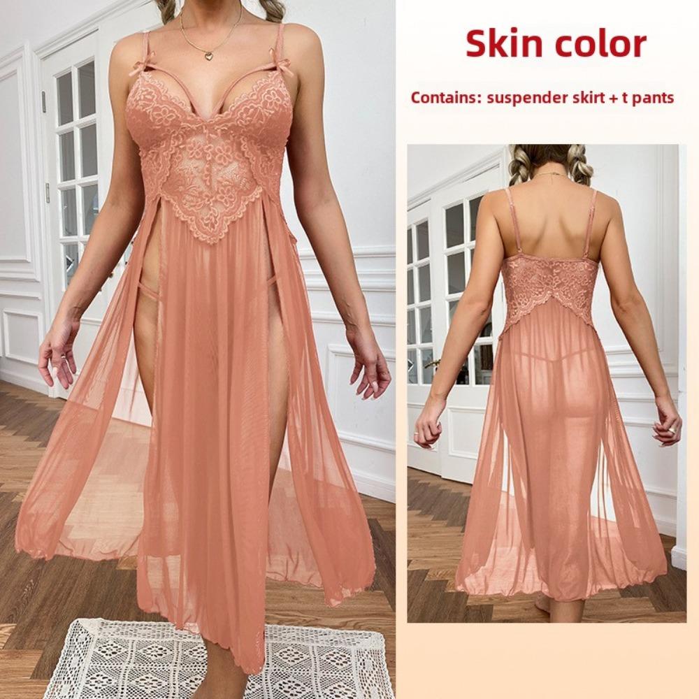 Large Size Sexy Mesh Deep V Lace Pajamas Side Split Suspender Skirt Extended Loungewear Nightdress