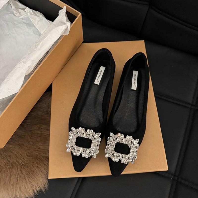 Fashion Pointed Flat Shoes for Women's Spring Summer New Shallow Cut Suede Soft Sole Black Women's Shoes Ladies Large Size 44