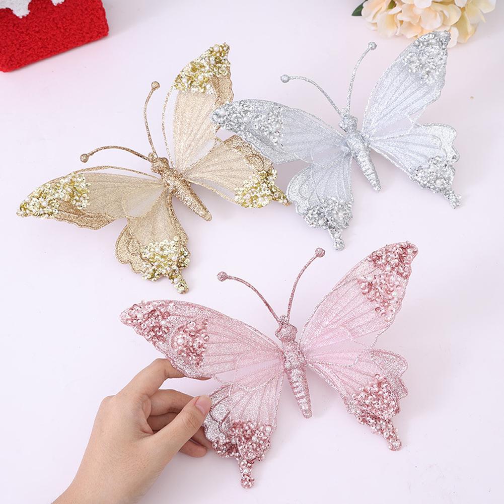 Holiday Decor Large Butterfly Ornament with Glitter Rhinestone Lightweight Plastic Pendant for Christmas For Tree Use