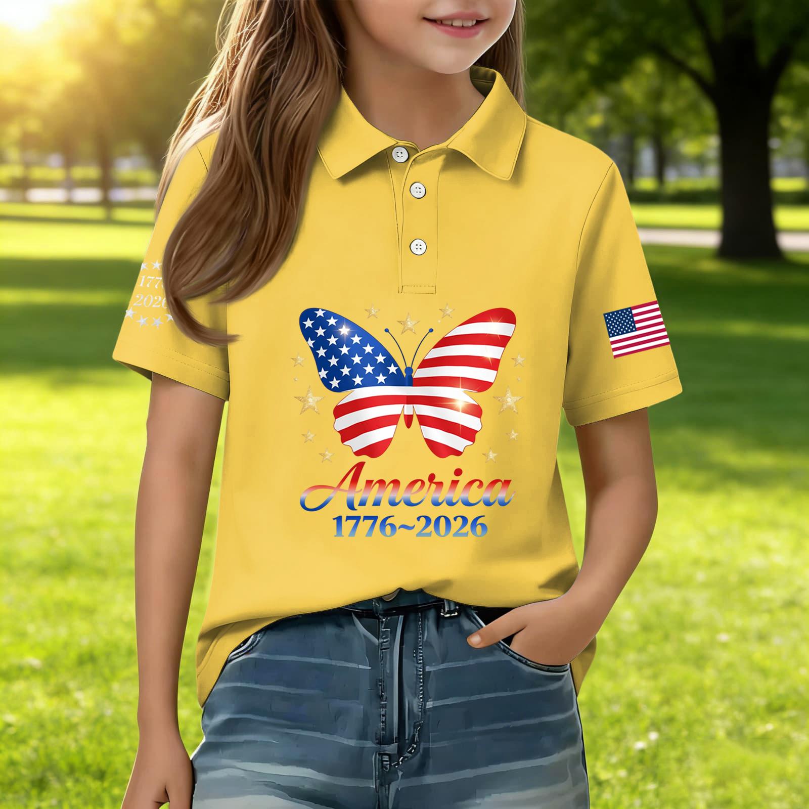 

Kids Casual Short Sleeve Shirt Independence Day Print T Shirt Polo Shirt Boys Girls Summer Top Lightweight Breathable Fabric 160 жовтий