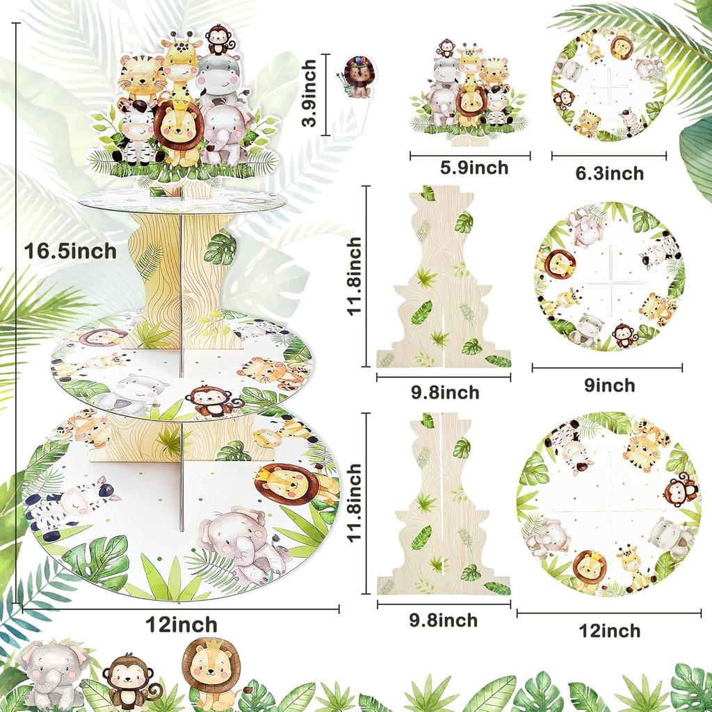3-Tier Cupcake Stand with 24 Wild One Cupcake Toppers for Safari Baby Shower Decoration