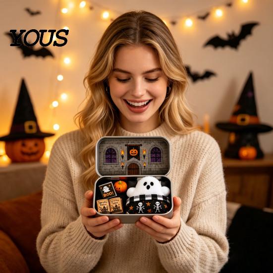 Halloween Candy Storage Mini Tin Box Gift, Plush Ghost with Haunted House Cabin Illustration Scene, Collectible Micro Theater Gift for Kids,