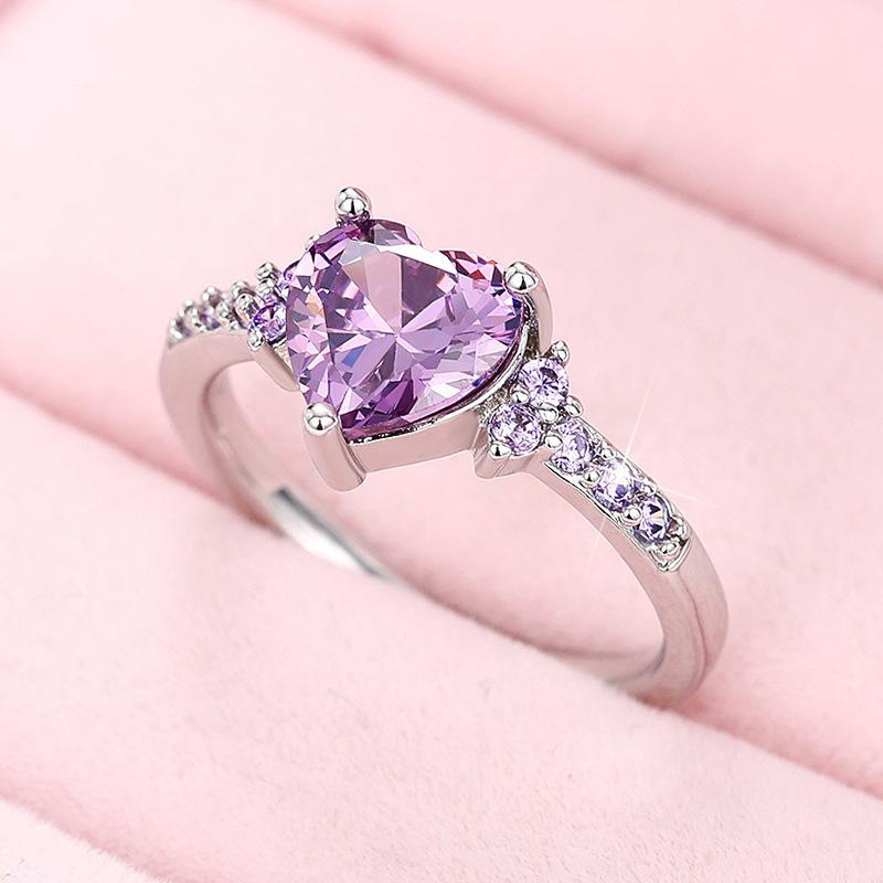 Luxurious Sparkling Purple Color Set Zircon Women's Ring, Unique Wedding Engagement Accessories Women's Romantic Jewelry Gift