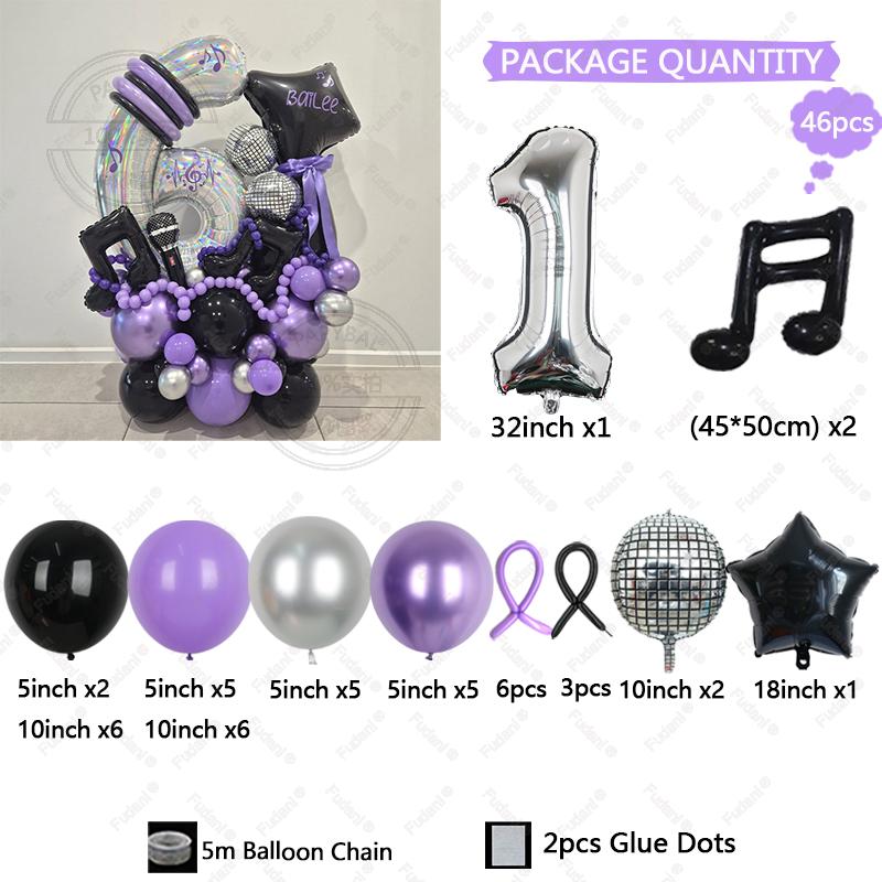 46Pcs Black Purple Music Note Theme Digital Balloon Girl Birthday Party Balloon Set Baby Shower Globos Photography Props