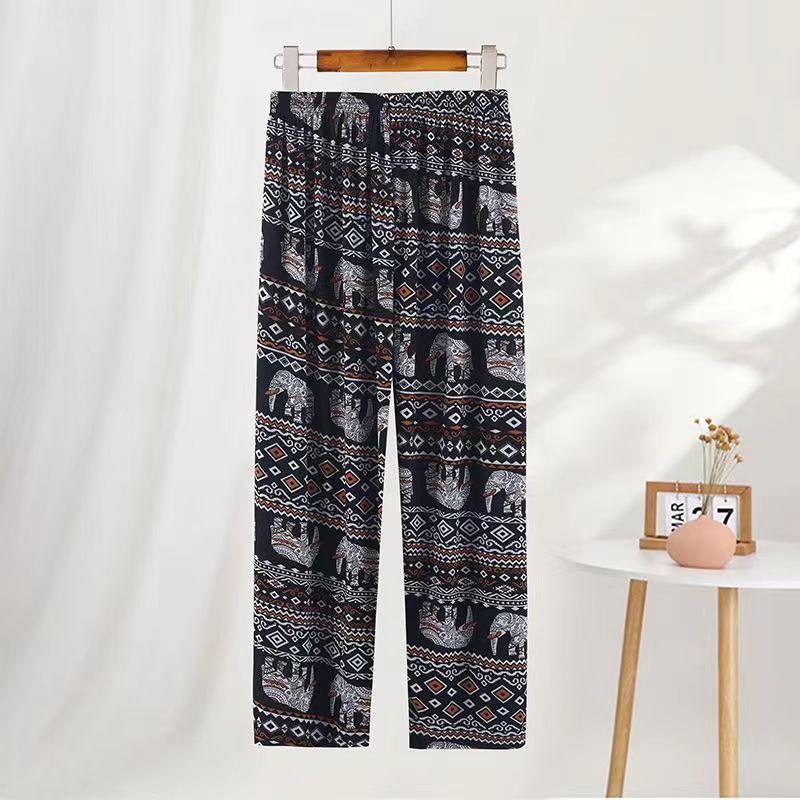 Chinese Summer Ice Silk High-Waist Floral Pants: Casual, Loose-Fit for Middle-Aged & Elderly Women