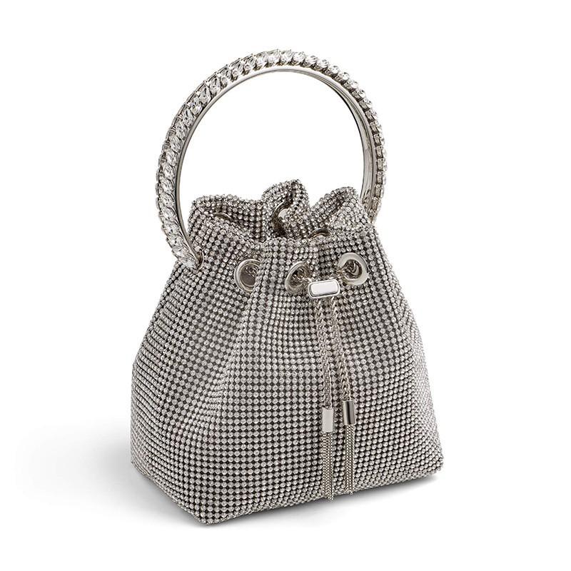 Sparkling Rhinestone Bucket Bag Women PU Leather Small Square Handbag Vintage Style Fashion Accessory