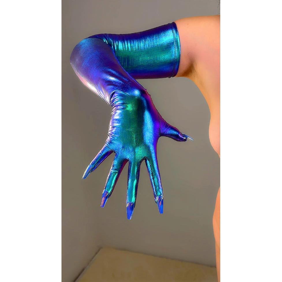 HOLOGRAPHIC Laser NAIL GLOVES Metallic Shiny Blue Touchscreen 70CM Long TECH Thin Elastic Holo Evening Party Glove with Nails