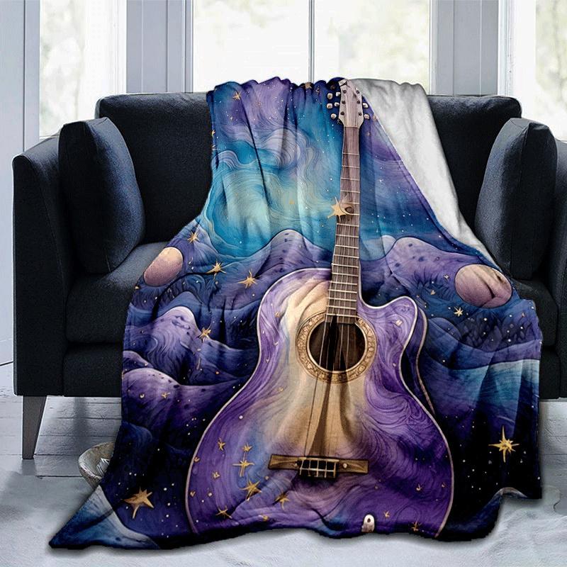 1pc Guitar Galaxy Printing Lightweight Flannel Blanket, Comfortable and Warm Blanket, for Camping Sofa Bed and Couch Office, Suitable for Gif