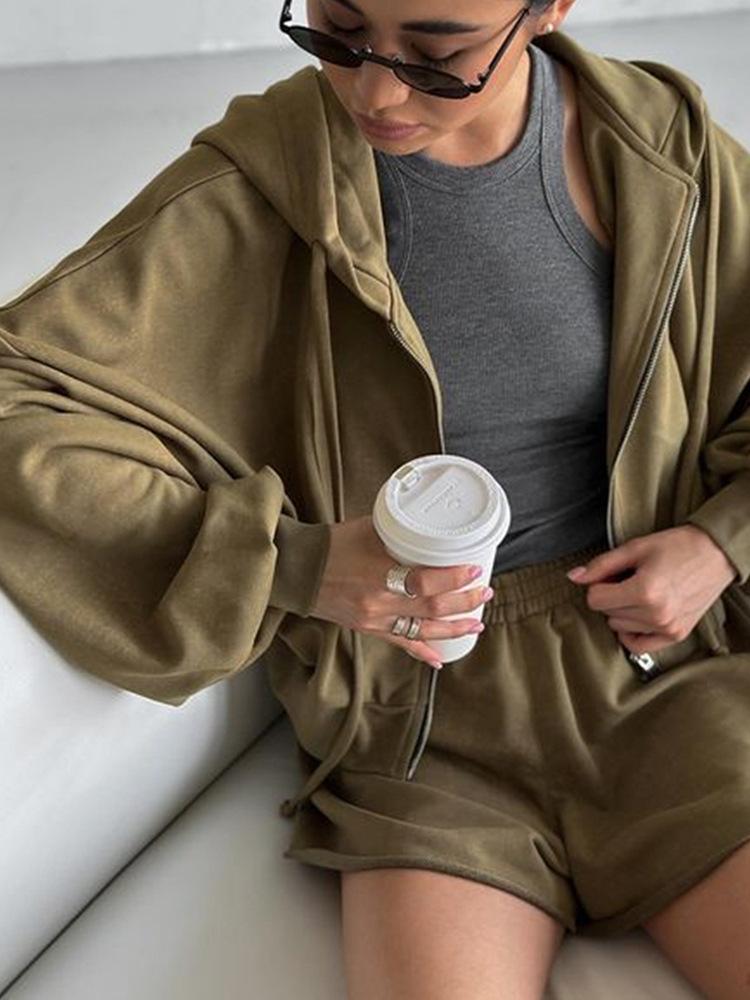 Solid Color Long Sleeve Hooded Drawstring Sweatshirt Shorts Set Casual Women's Two-Piece Outfit