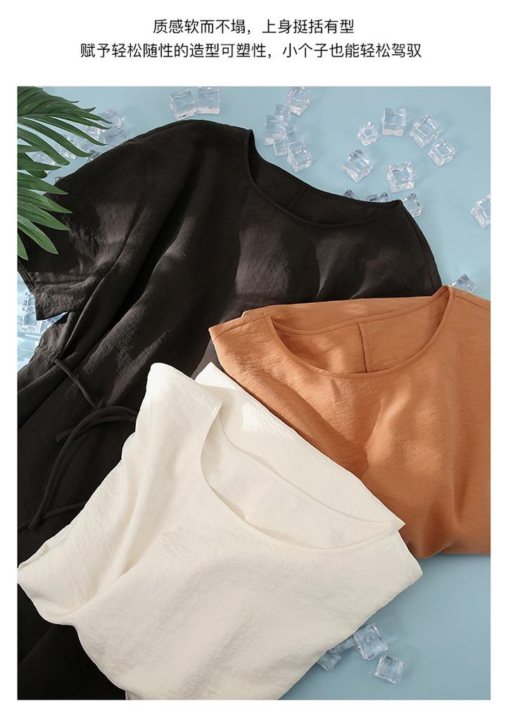 Wrinkle feeling extremely simple style round neck short sleeved mulberry silk dress 2026 summer commuting versatile mid length skirt