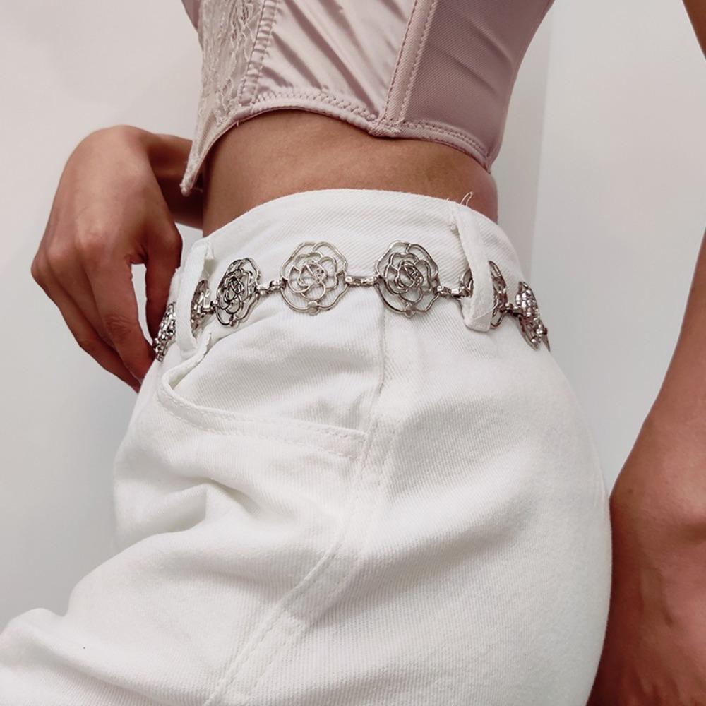 Rose Flower Waist Chain Adjustable Skirt Decoration Belt Fashion Flower Chain Belt  Women