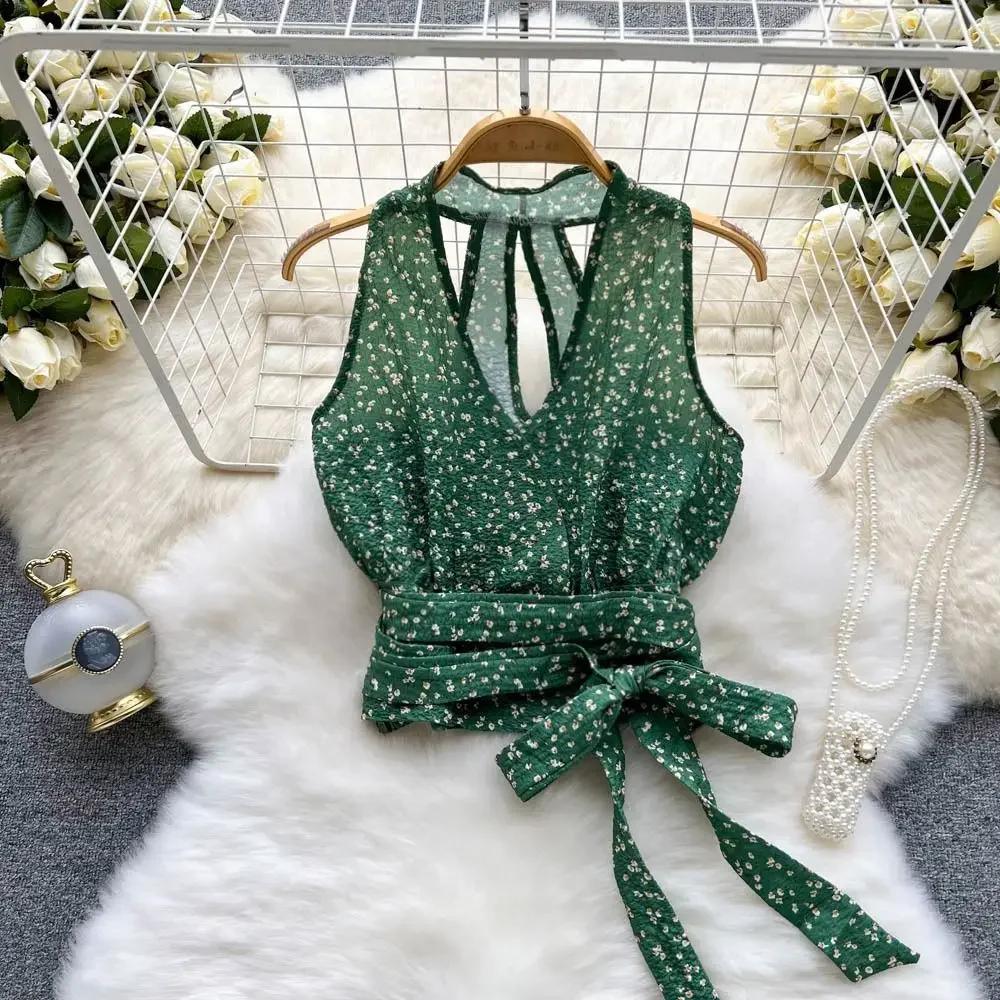 

WTEMPO модная зеленая блузка с цветочным принтом, рубашка без рукавов с бретелькой на бретельках, топы на шнуровке, футболка, повседневная летняя женская блузка, пуловер, жилеты XXXL зелёный