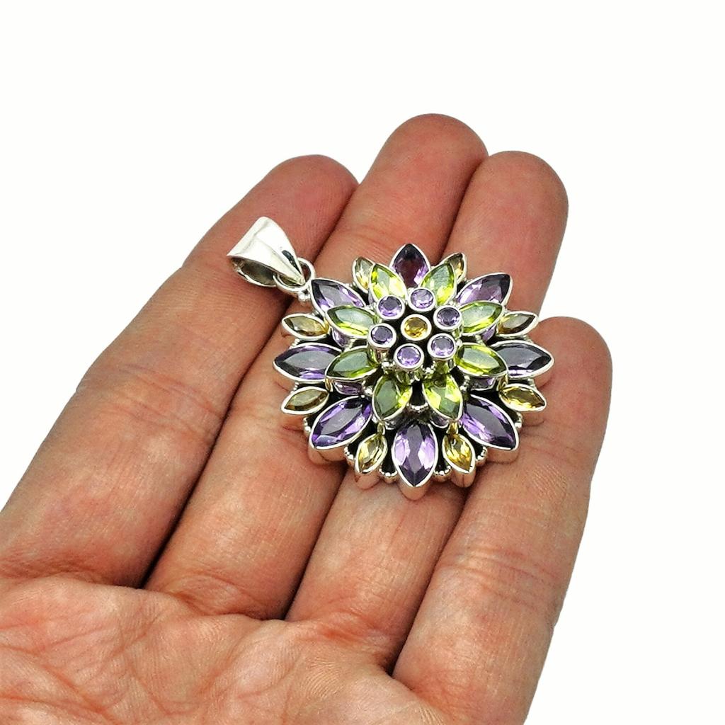 Sterling Silver Flower Pendant: Amethyst, Peridot & Citrine Gemstone
