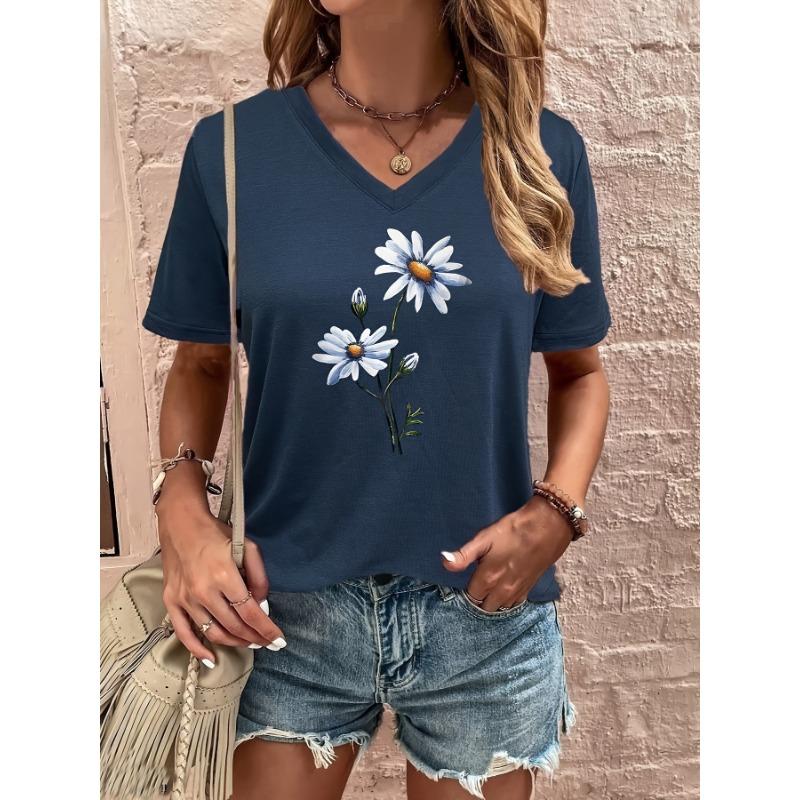 Modisches V-Ausschnitt T-Shirt mit 3D-Druck - Leichtes & Atmungsaktives Sommer-Freizeitkleidung Trendy Damen-T-Shirts