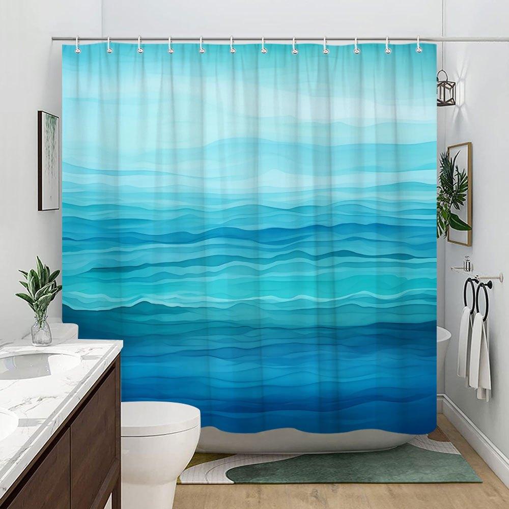 Ocean Gradient Shower Curtain 1pc – Layered Blue and Teal Waves, Calm Water Art Bath Curtain for Tranquil Home Decor