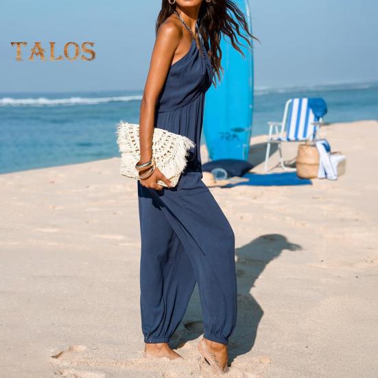 Women's Halter Maxi Jumpsuit Pleated Deep V Neck One Piece Jogger Long Pants with Pockets Casual Beach Sleeveless Rompers