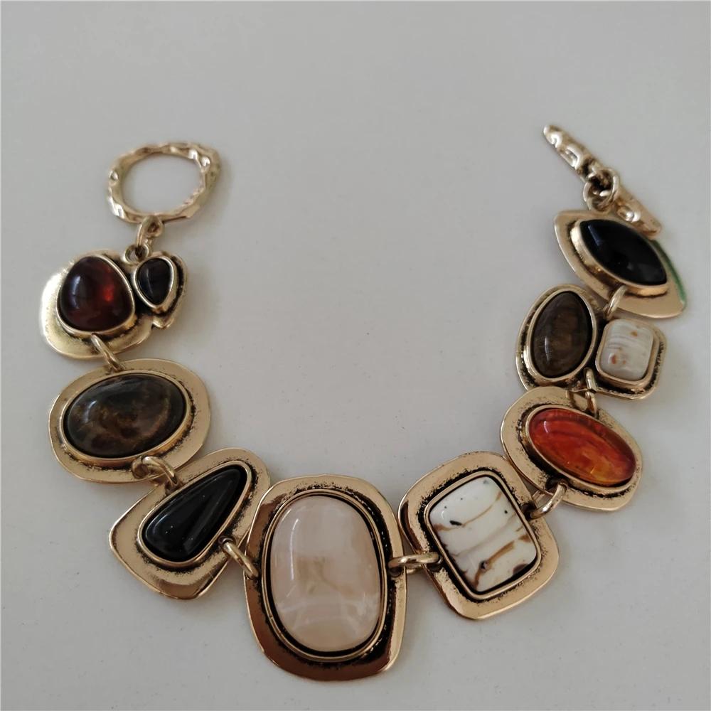 Boho Ethnic Style Vintage Resin Stone Charm Bracelets for Women Personality Punk Metal Gold Plated Irregular Bracelet Jewelry