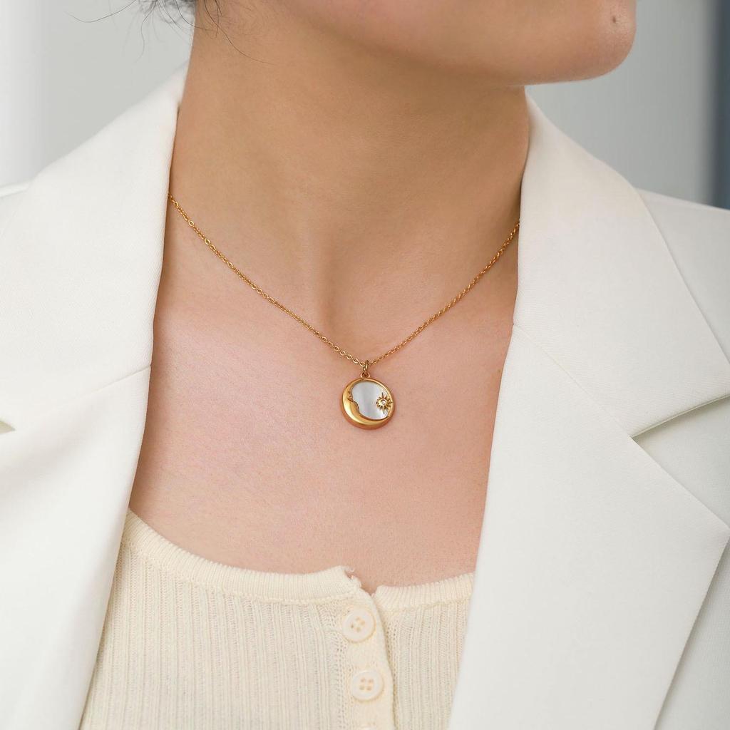 18K Gold Titanium Steel Women's Necklace with French White Mother-of-Pearl Star, Moon, and Round Pendant.