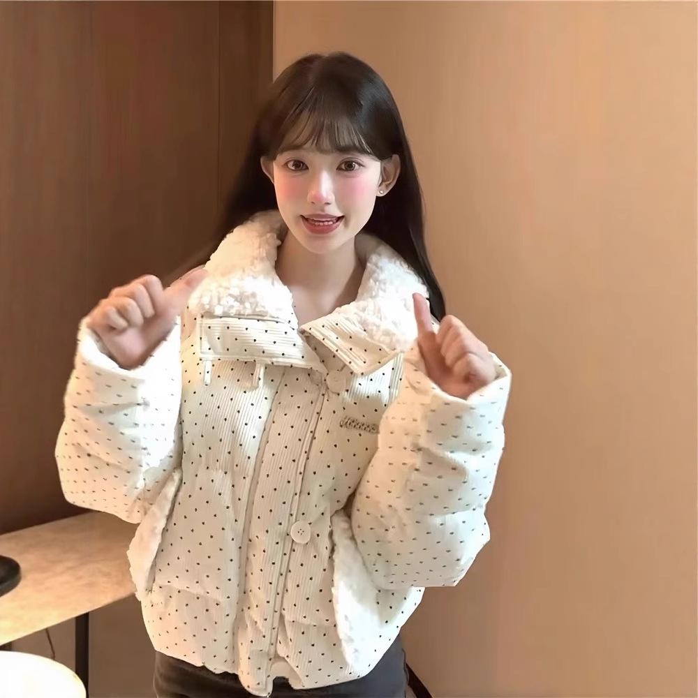 

Хлопковая одежда в горошек Сохраняет тепло Меховой воротник Зимняя Милая Новая Утолщенная Свободная Хлопковая куртка XL