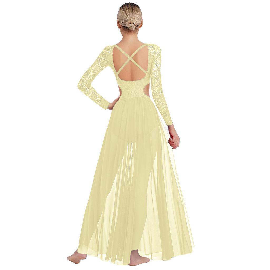 Damen Patchwork Floral Spitze Lyrisches Tanzkleid Langarm Taille Seiten Ausgeschnitten Rückenfrei Fließendes Netz Performance-Kleid