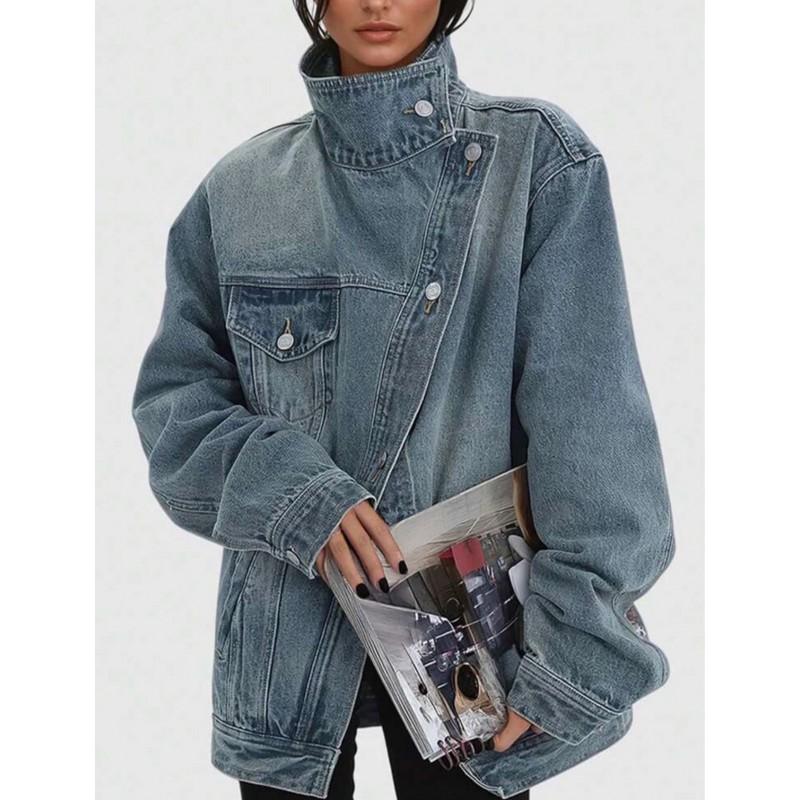Relaxed Fit Distressed Denim Biker Jacket Women Short Cropped Stand Collar Casual Streetwear
