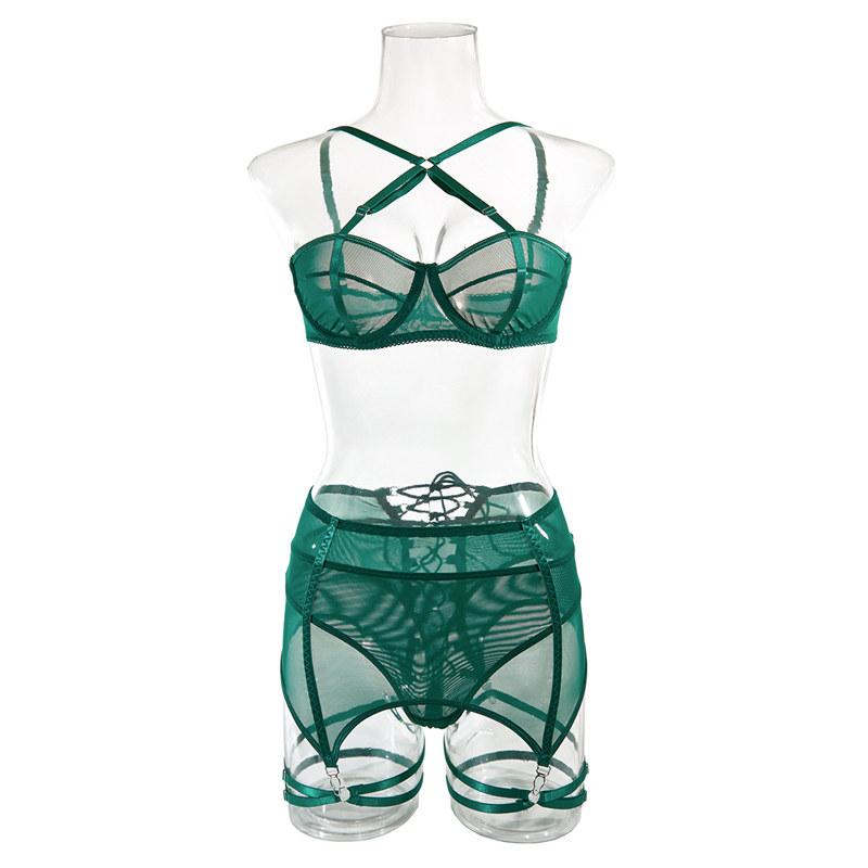 Ladies Sexy Lingerie Set New Lace Mesh See-Through Thin Erotic Underwear Bra Garter Leg Ring Panties Women Adult