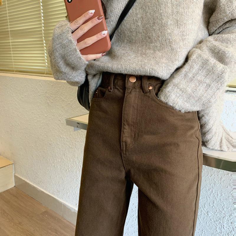 Autumn Brown Straight Denim Vintage Slender Office Lady Jeans Women Trousers High Waist Large Size Pants Female