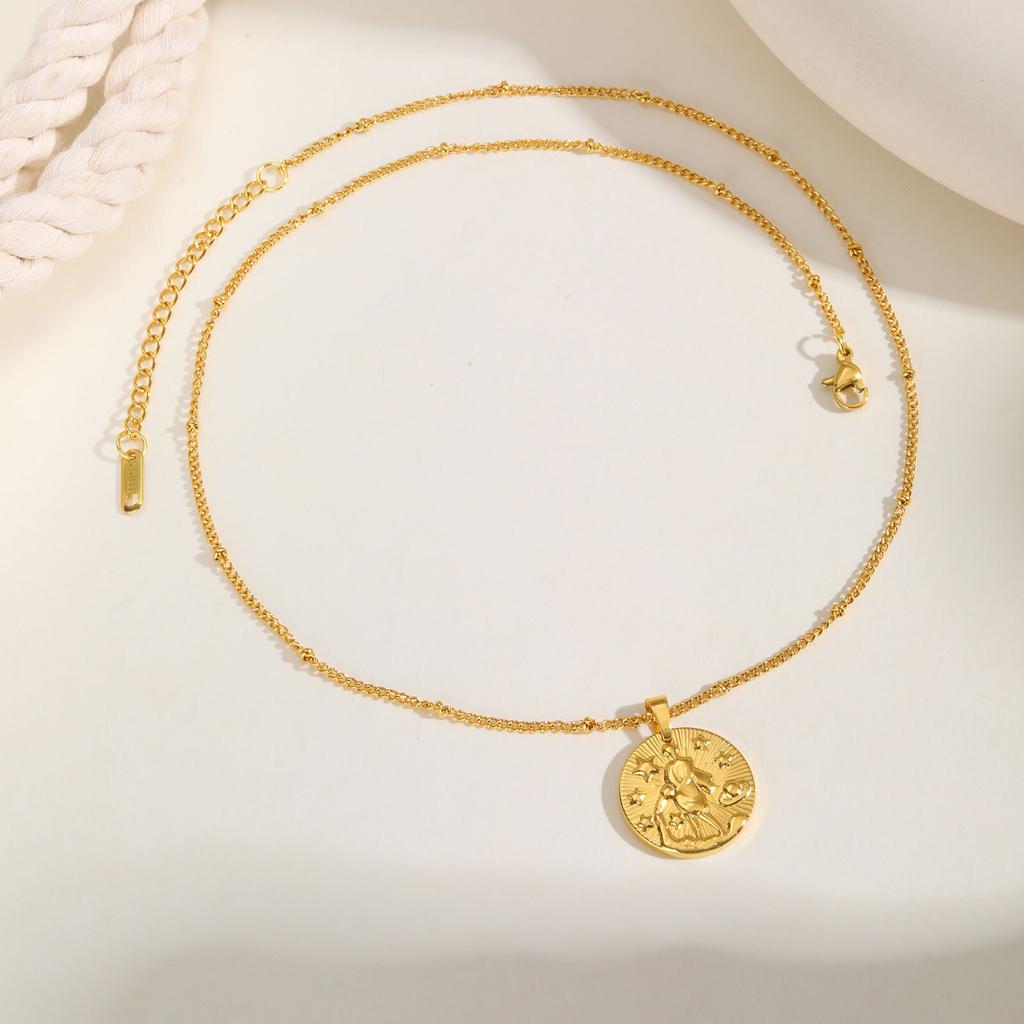 Stainless Steel Zodiac Constellation Necklace for Women, Amulet Round Coin Pendant Vintage Jewelry Birthday Gift