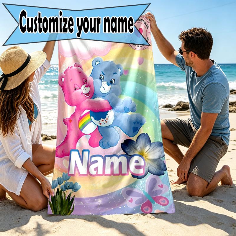 Custom Name Personalized Care Bears Print Beach Towel, for Trip Camping Beach Party Home Decor, Birthday Gift for Family & Friends
