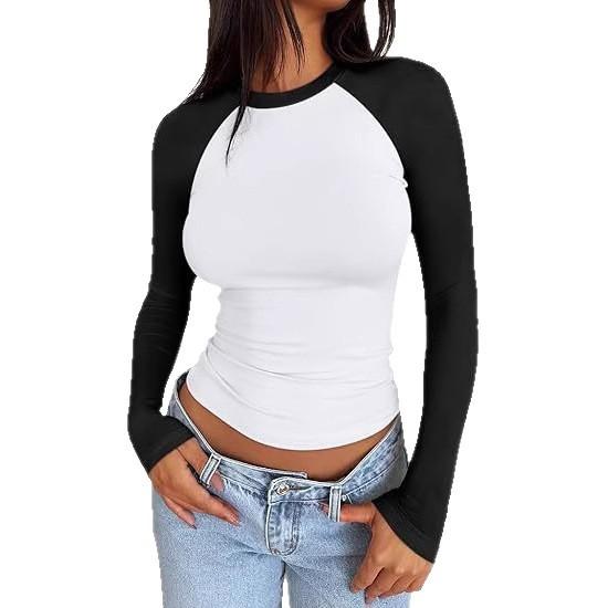 European and American T-shirt women's new sexy yoga hottie contrasting color round neck long-sleeved women's top