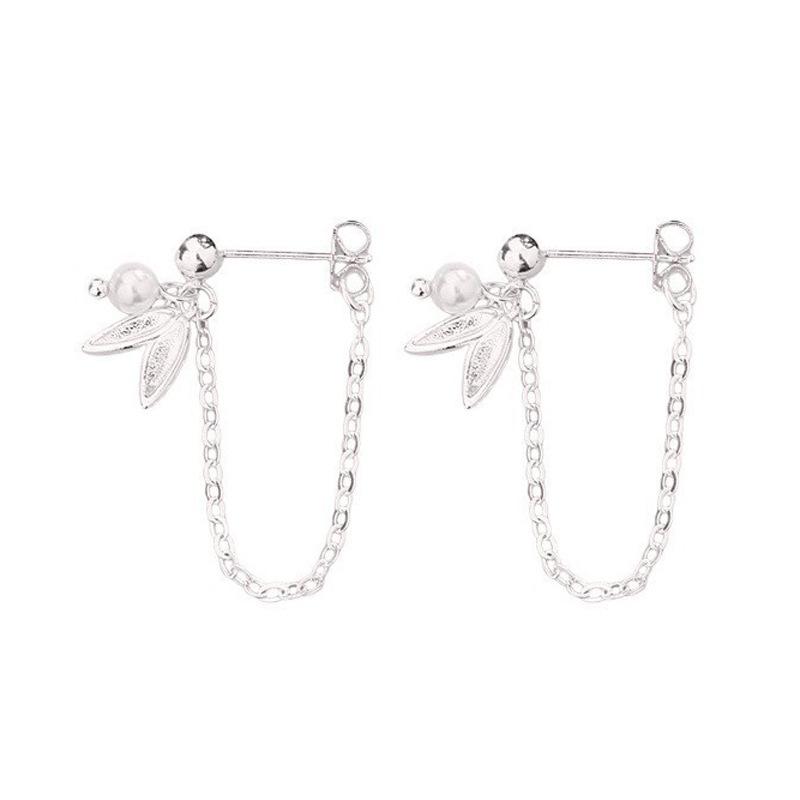

Bamboo Leaf Pearl Earrings Rear Hanging Design Mori Hong Kong Style Long Face Thin Leaves Round Bead Chain Earrings Copper (silver)