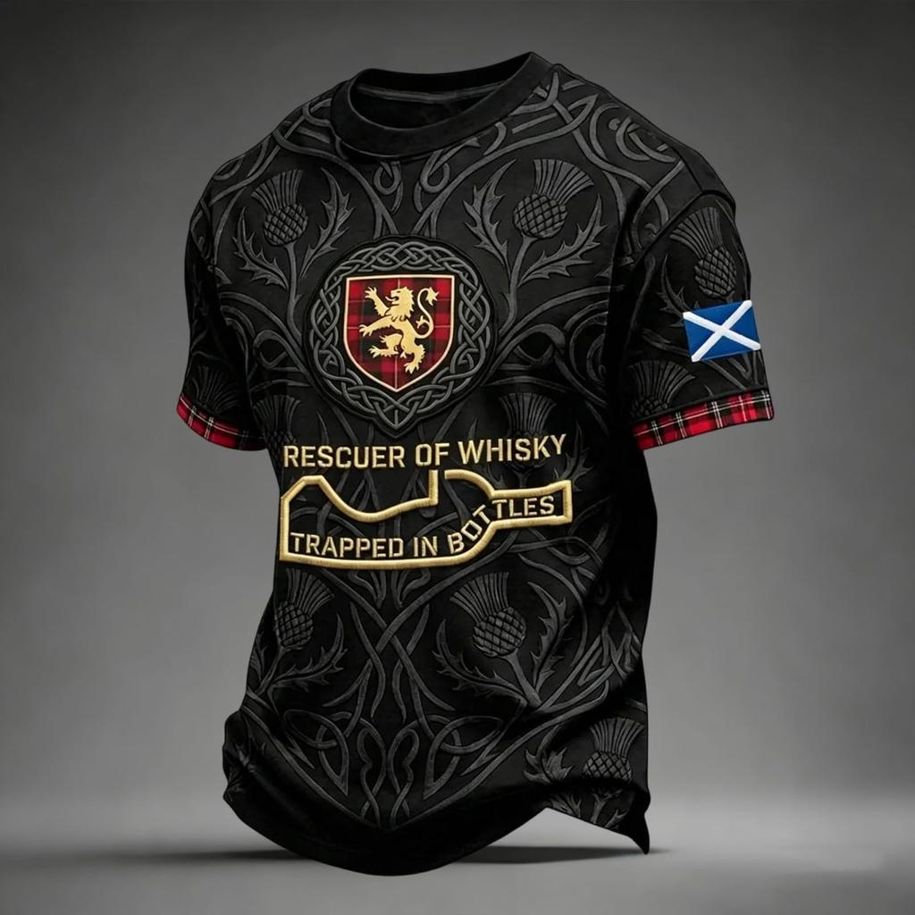 Men's Casual Raglan Sleeve Fashion Top Scottish Football Plaid Pattern Short Sleeve Crew Neck Shirt for Everyday Wear