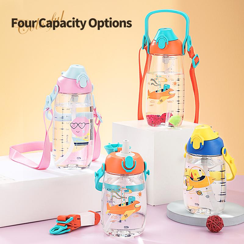 Neue Sport-Wasserflasche mit Strohhalm für Kinder, tragbar, auslaufsicher, umweltfreundliches Kunststoff-Trinkgeschirr, Zeitmarkierung, Tritan-Becher, BPA-frei