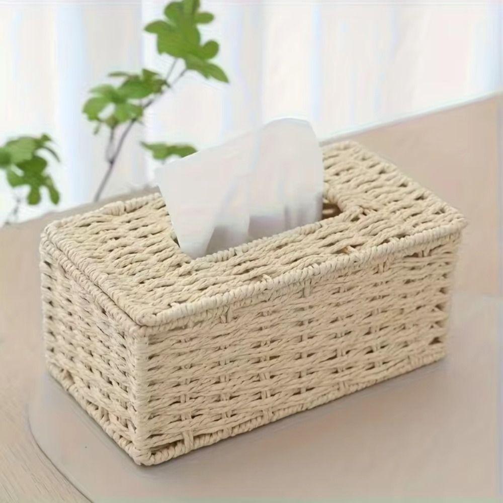 Large Capacity Woven Tissue Box Handmade Tissue Paper Container Desktop Napkin Dispenser Office